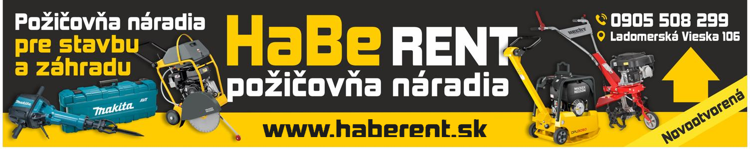 Reklamný banner HaBeRENT s profesionálnym stavebným a záhradným náradím